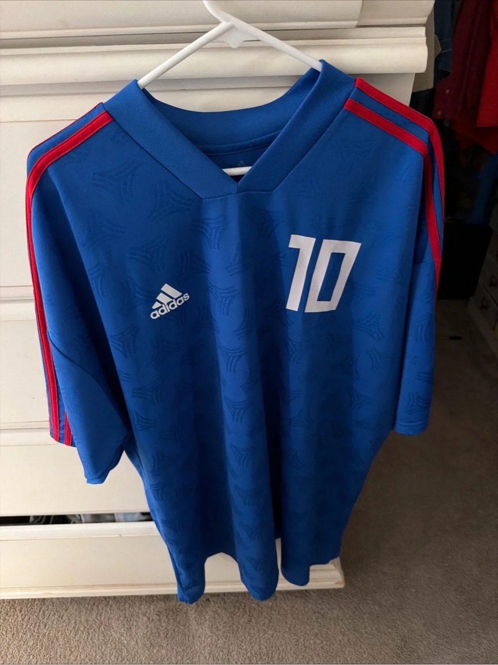 adidas Blue Soccer Jersey with Red Shoulder Stripes and White #10